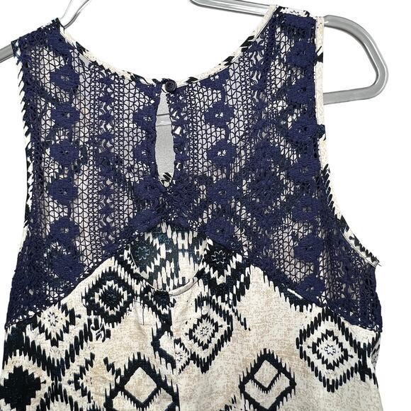 BAND OF GYPSIES Tribal Romper Dress Fringed Geometric Pattern White Blue Size S - Picture 8 of 10